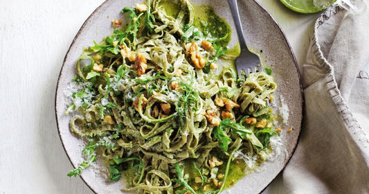 Edamame Fettucine with Walnut Pesto