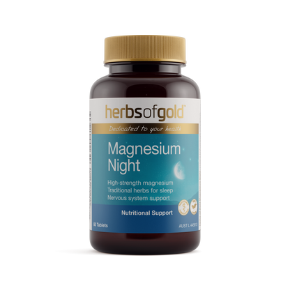 Herbs of Gold Magnesium Night supplement bottle on a white background