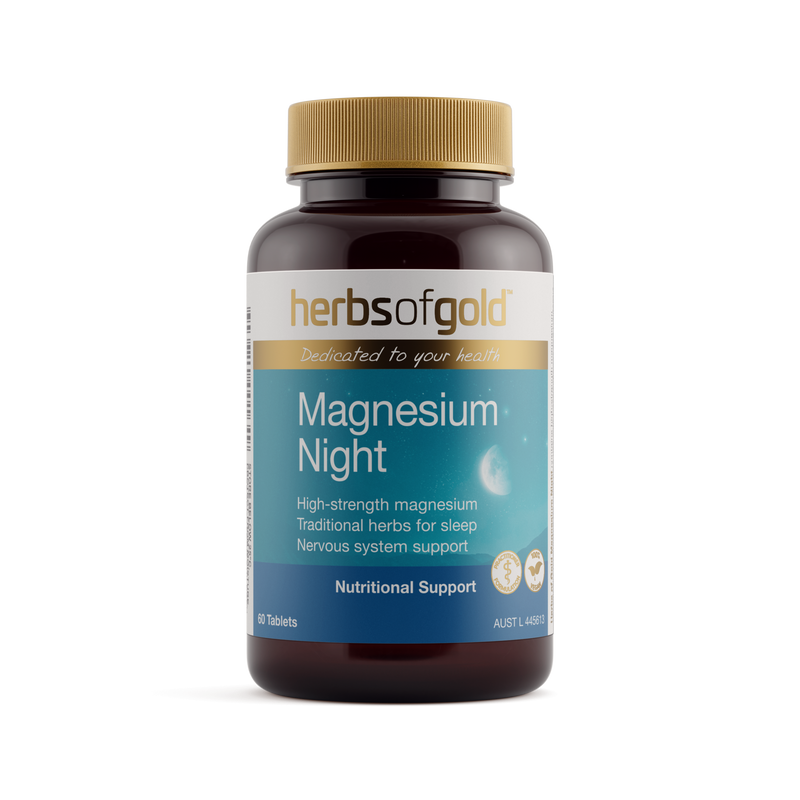 Herbs of Gold Magnesium Night supplement bottle on a white background