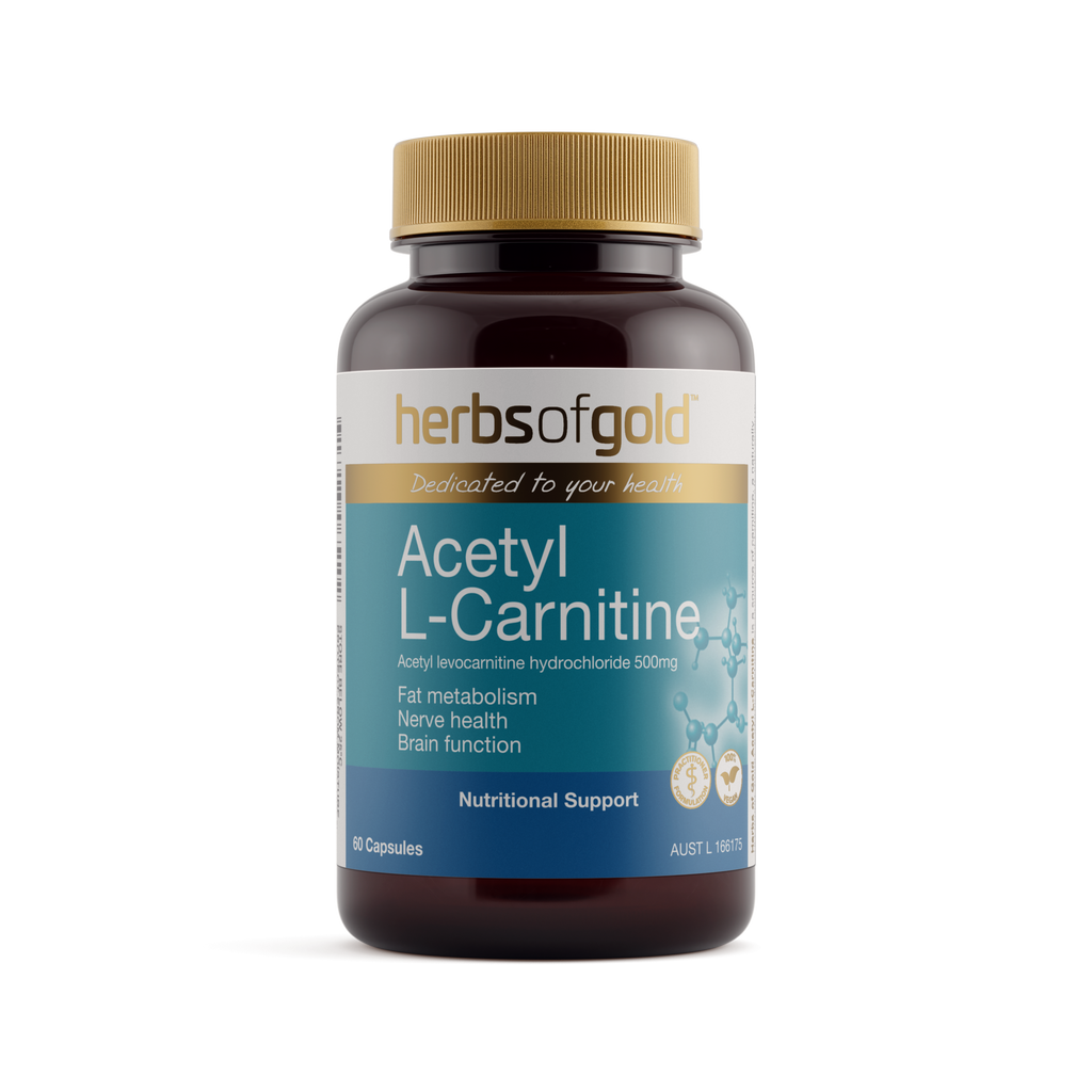 Front view of Herbs of Gold Acetyl L-Carnitine 60 capsules