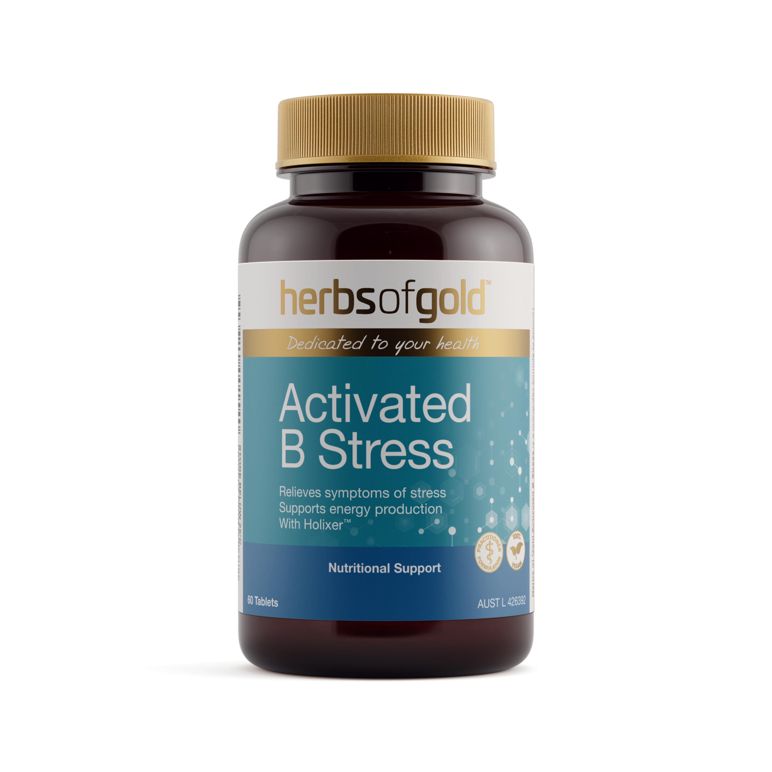 Front view of Herbs of Gold Activated B Stress 60 tablets