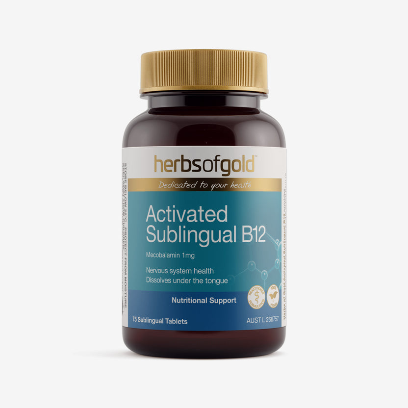 Front view of Herbs of Gold Activated Sublingual B12 75 tablets