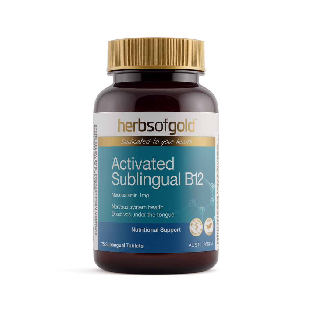 Front view of Herbs of Gold Activated Sublingual B12 75 tablets