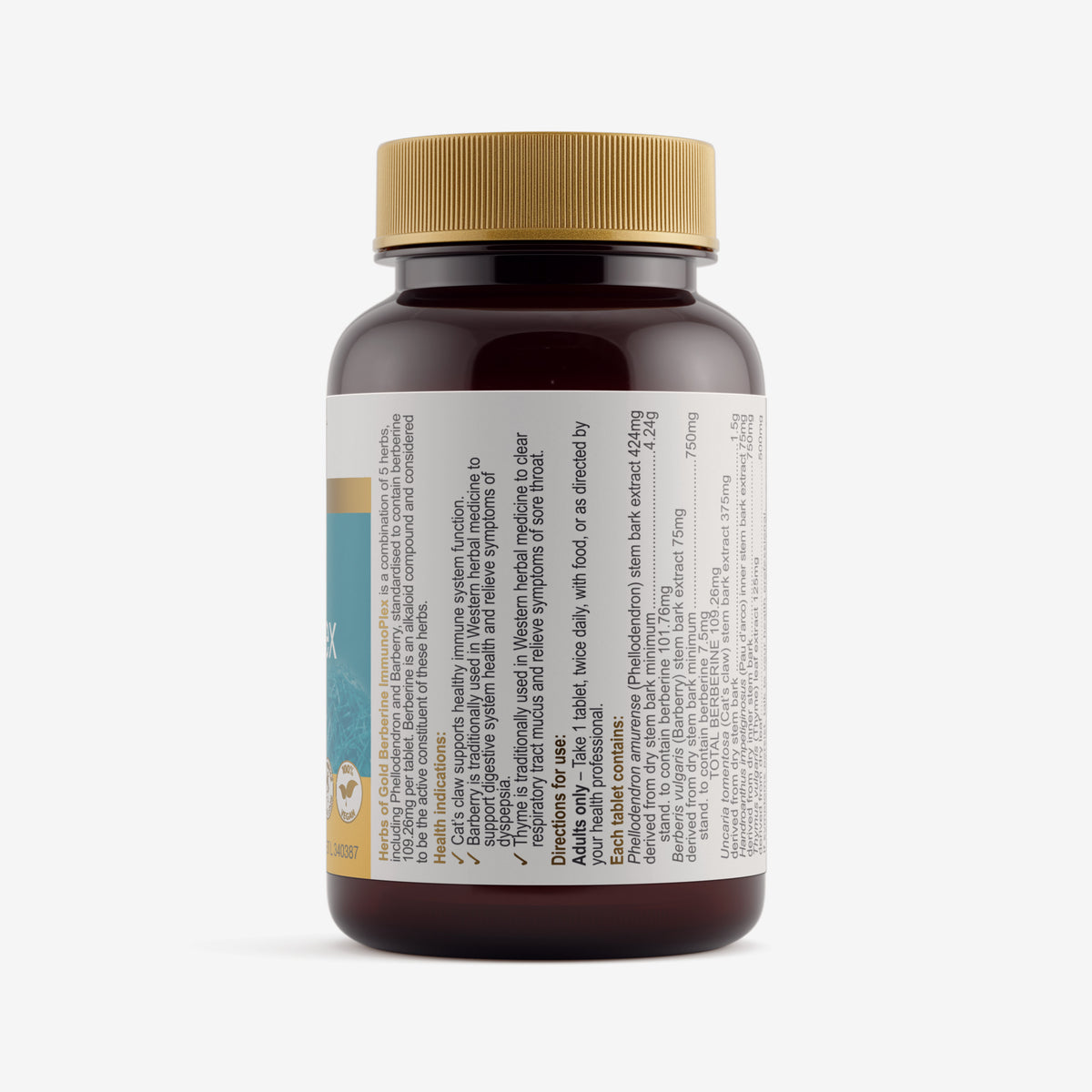 Ingredients panel for Herbs of Gold Berberine Immunoplex 30 tablets