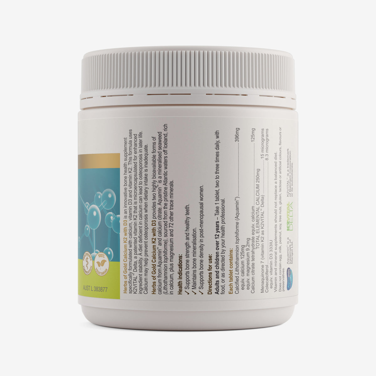 Ingredients panel for Herbs of Gold Calcium K2 with D3 180 tablets