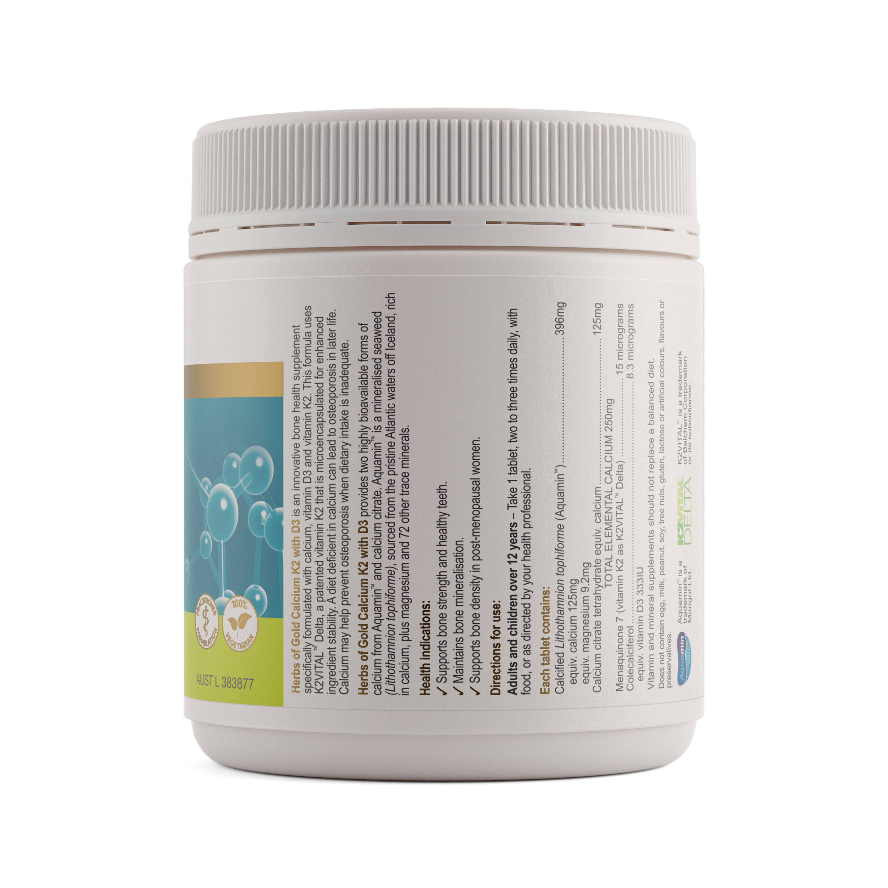 Ingredients panel for Herbs of Gold Calcium K2 with D3 180 tablets