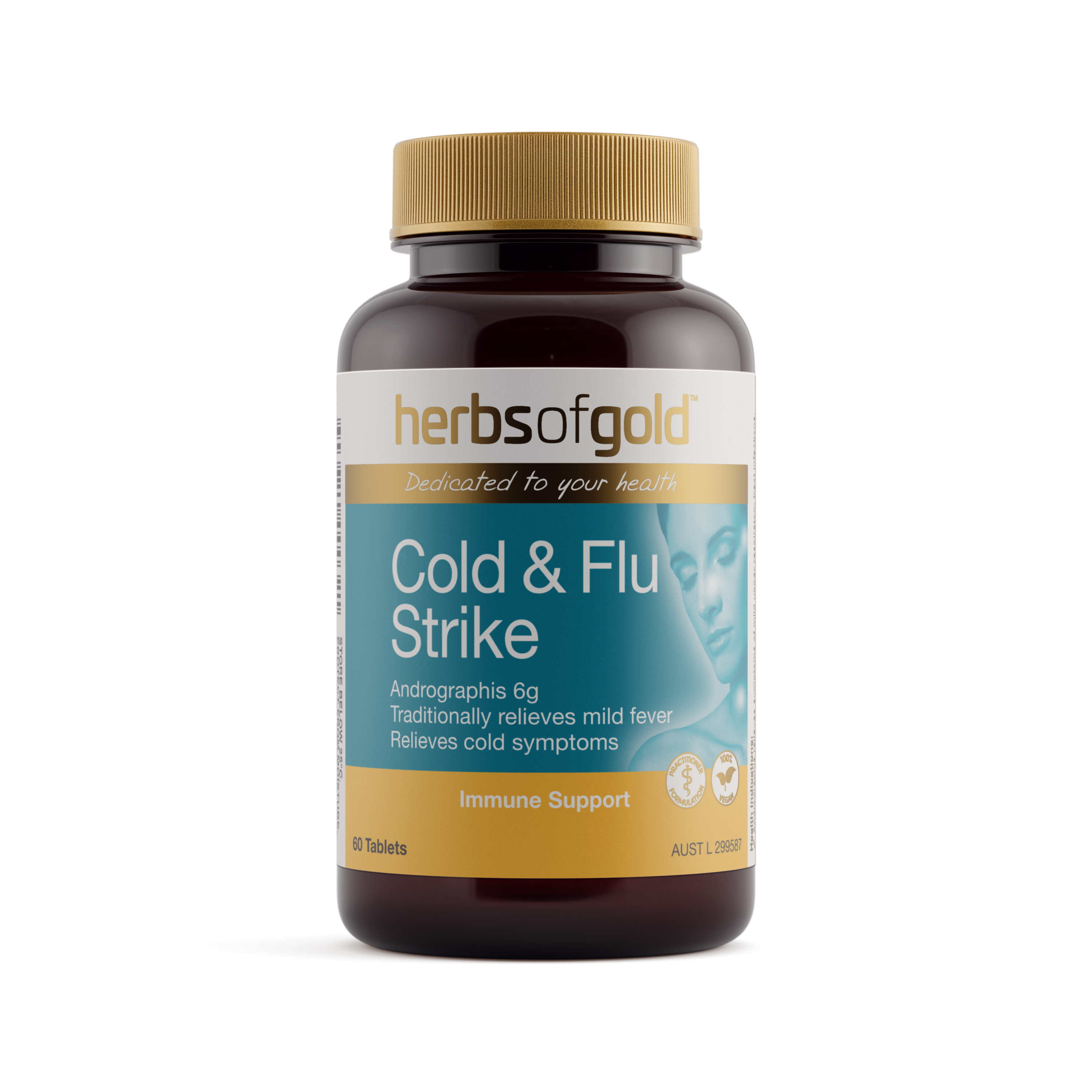 Front view of Herbs of Gold Cold & Flu Strike 60 tablets