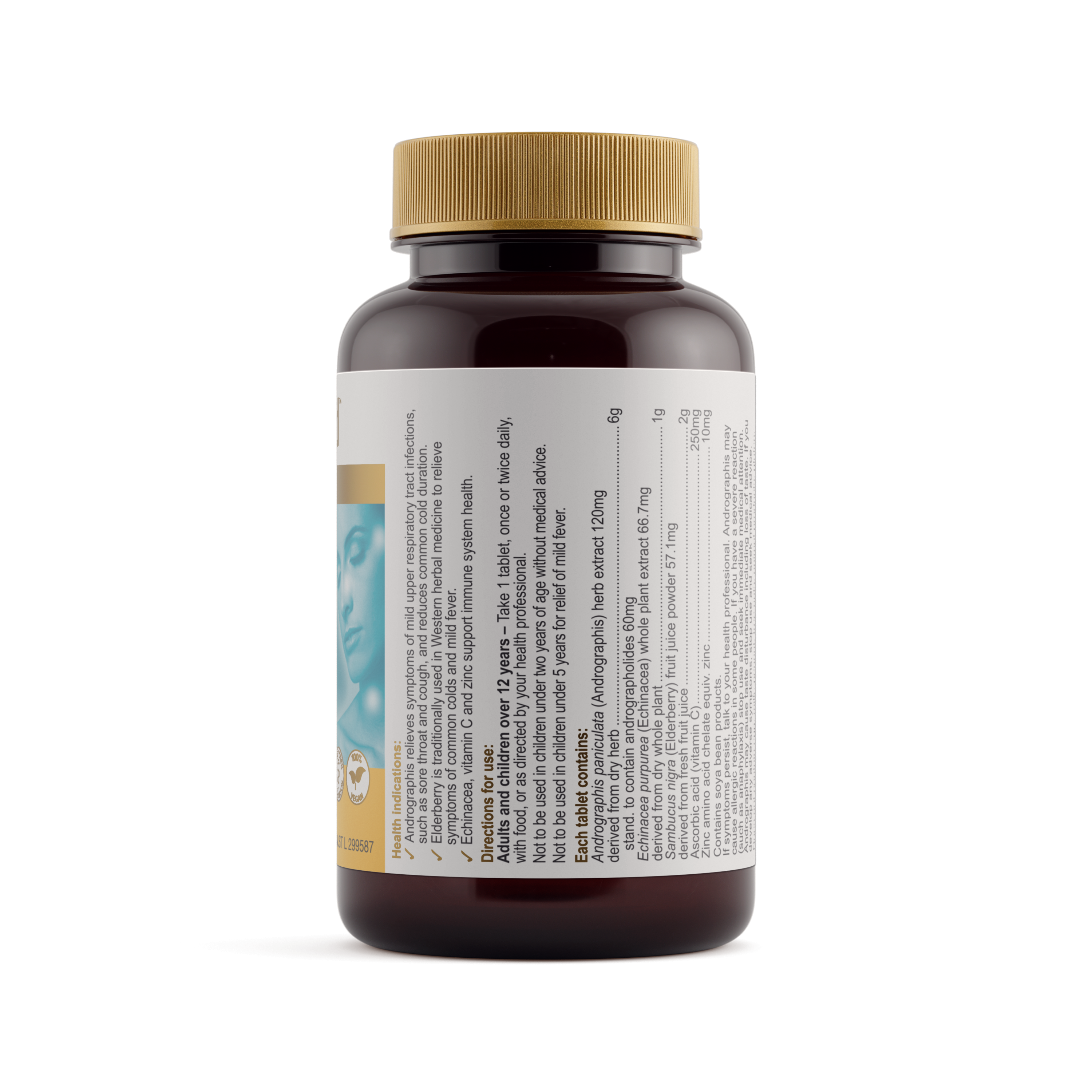 Ingredients panel for Herbs of Gold Cold & Flu Strike 60 tablets
