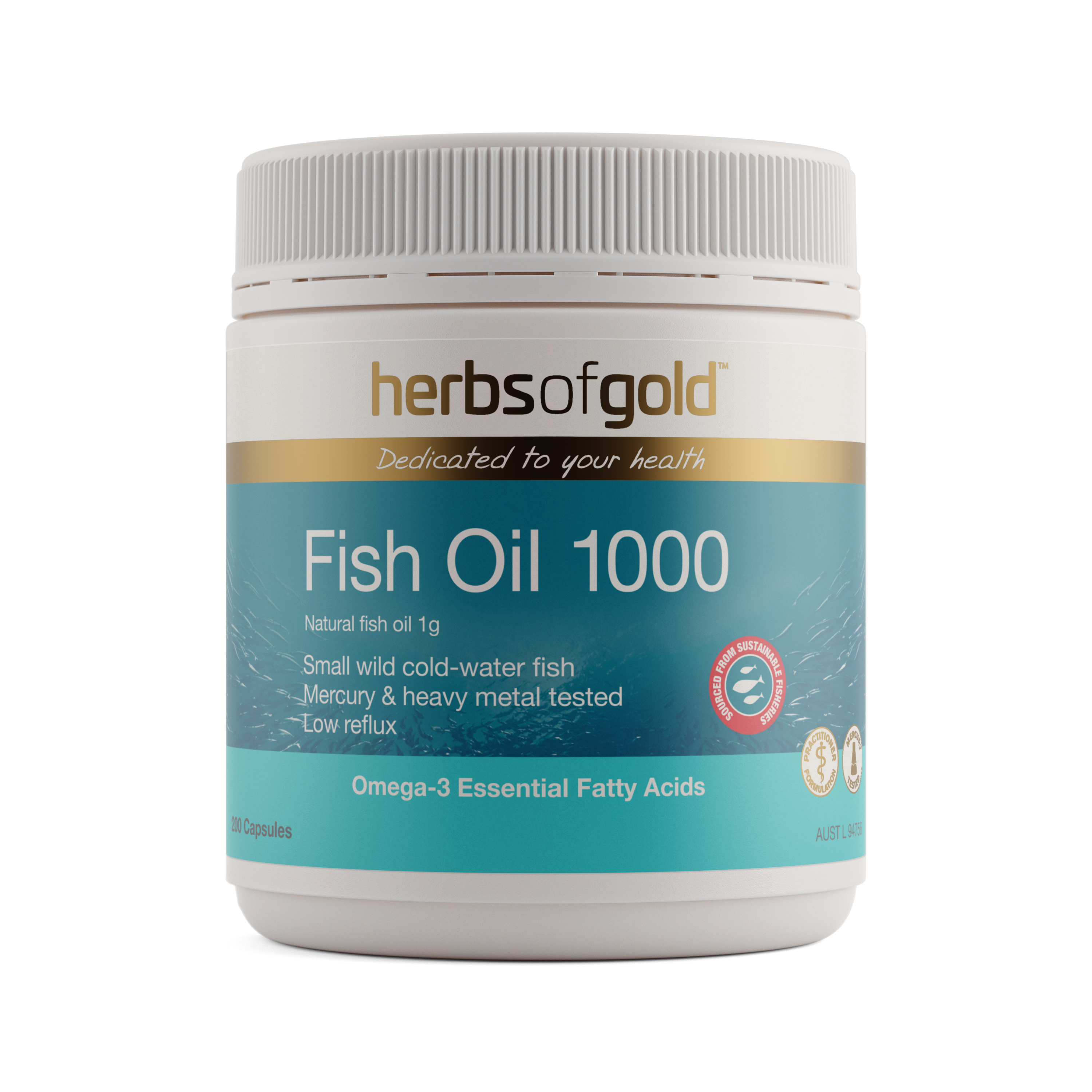 Front view of Herbs of Gold Fish Oil 1000 200 capsules