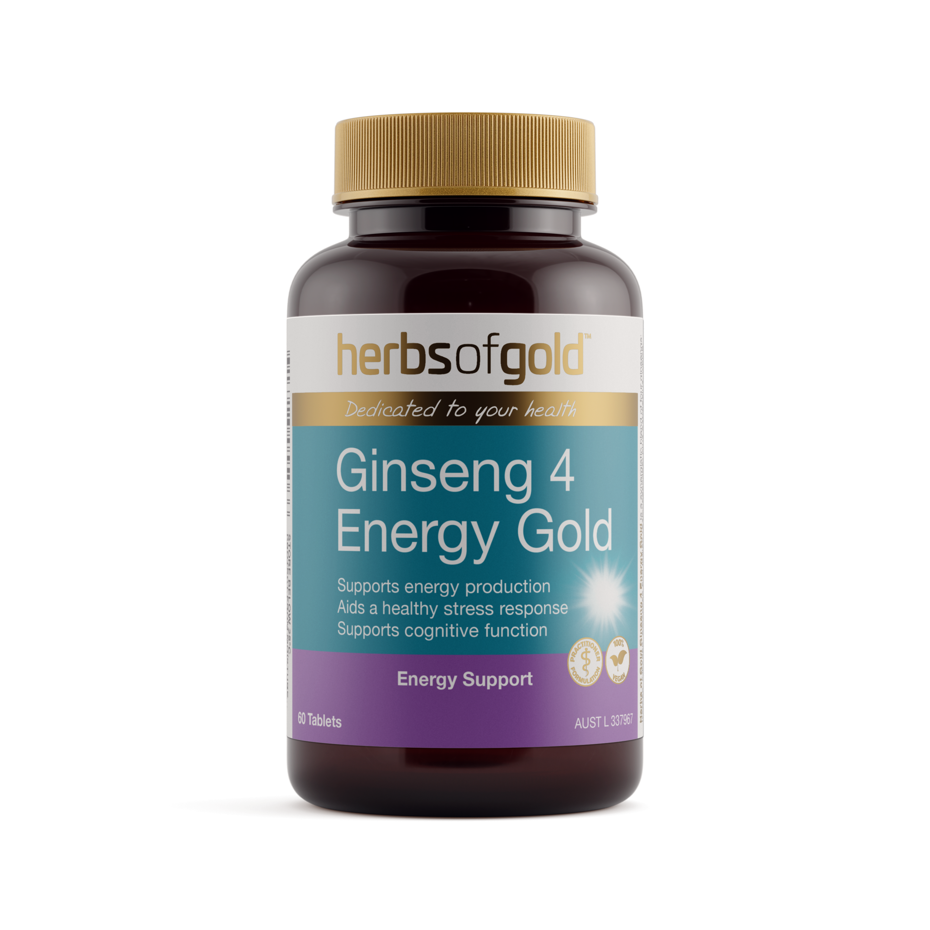 Front view of Herbs of Gold Ginseng 4 Energy Gold 60 tablets