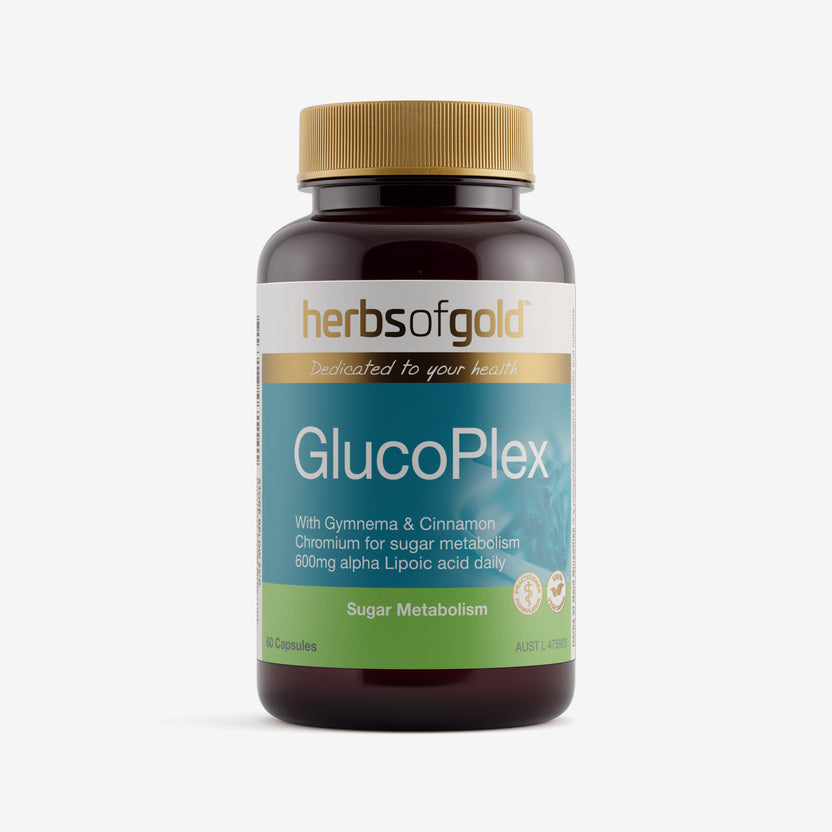 Front view of Herbs of Gold Glucoplex 60 capsules