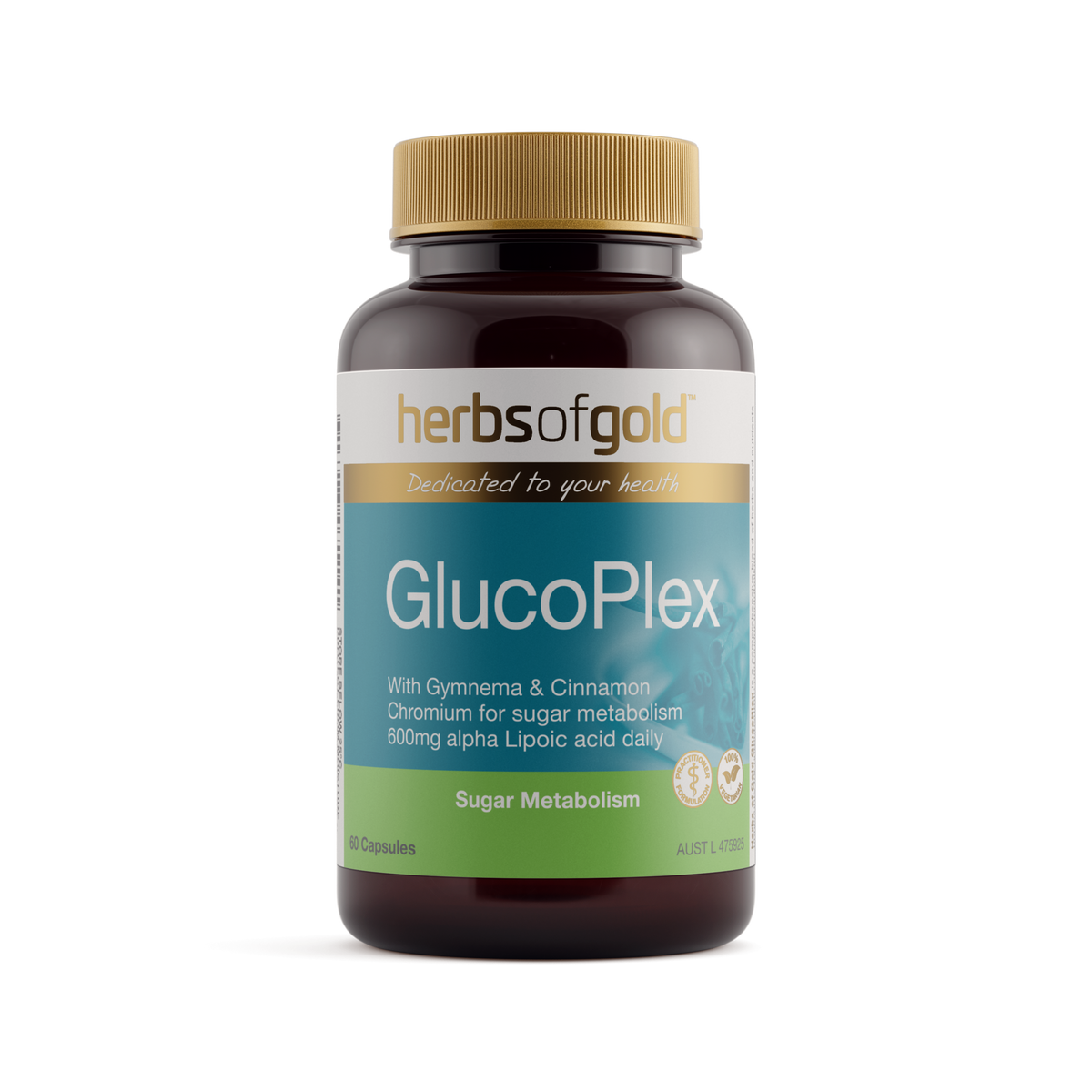 Front view of Herbs of Gold Glucoplex 60 capsules