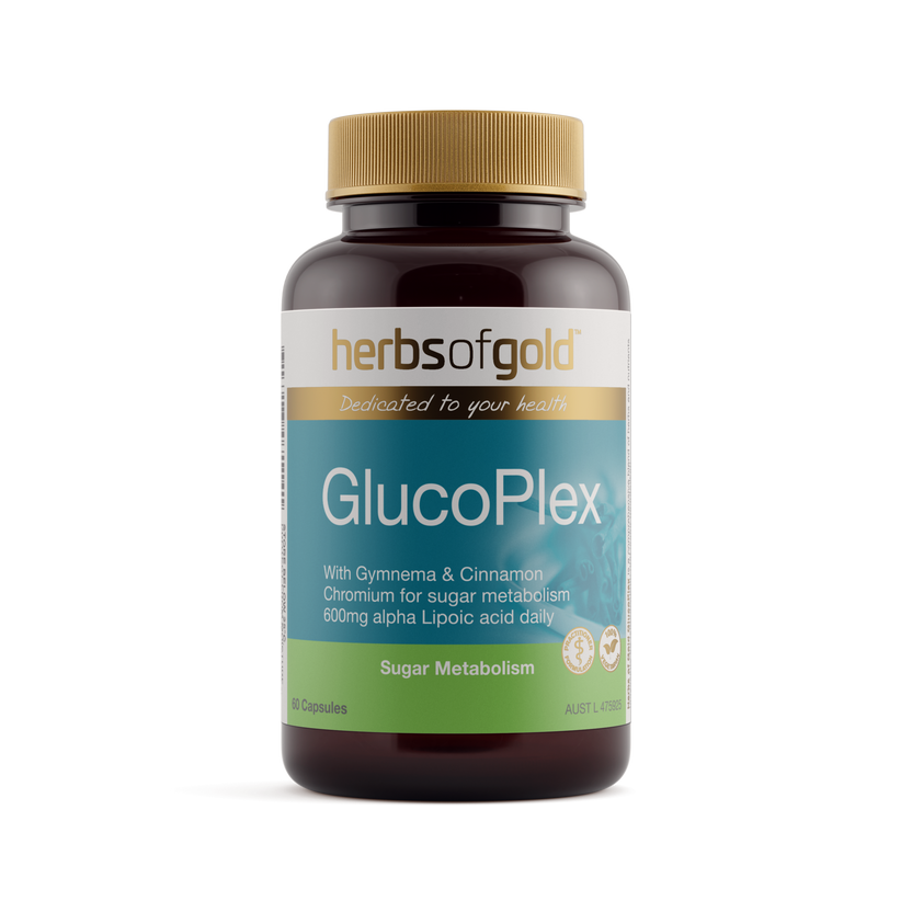 Front view of Herbs of Gold Glucoplex 60 capsules
