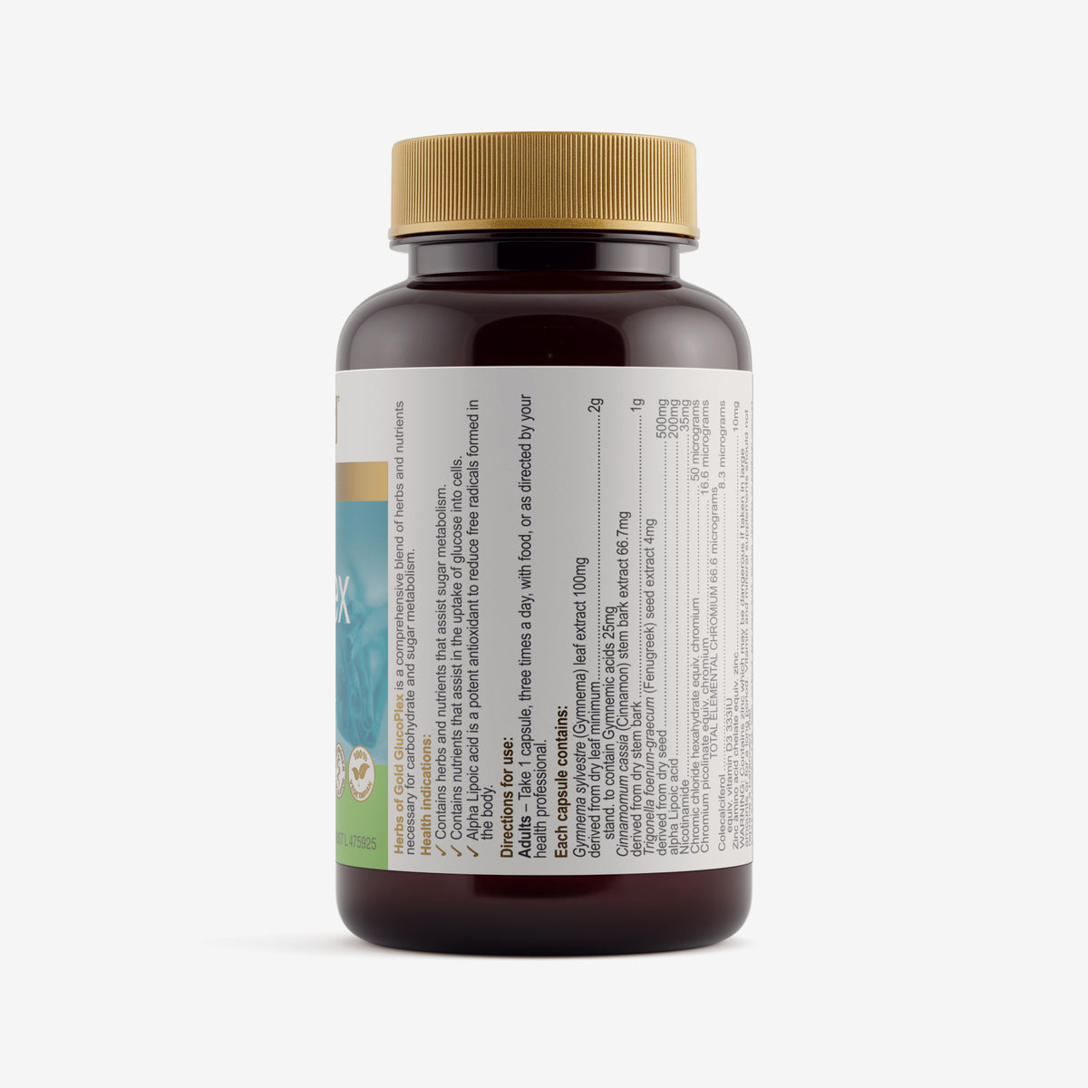 Ingredients panel for Herbs of Gold Glucoplex 60 capsules