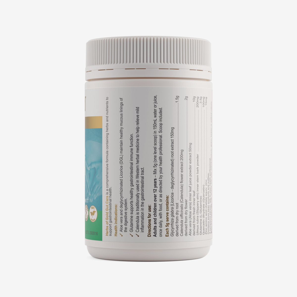 Ingredients panel for Herbs of Gold Gut Care 150g