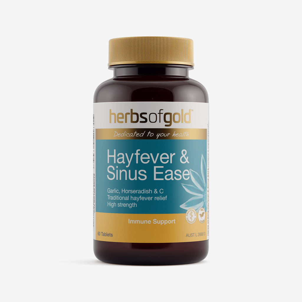 Front view of Herbs of Gold Hayfever & Sinus Ease 60 tablets