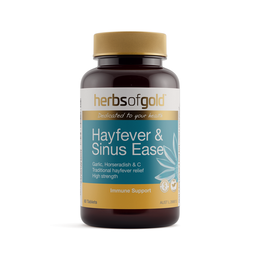 Front view of Herbs of Gold Hayfever & Sinus Ease 60 tablets