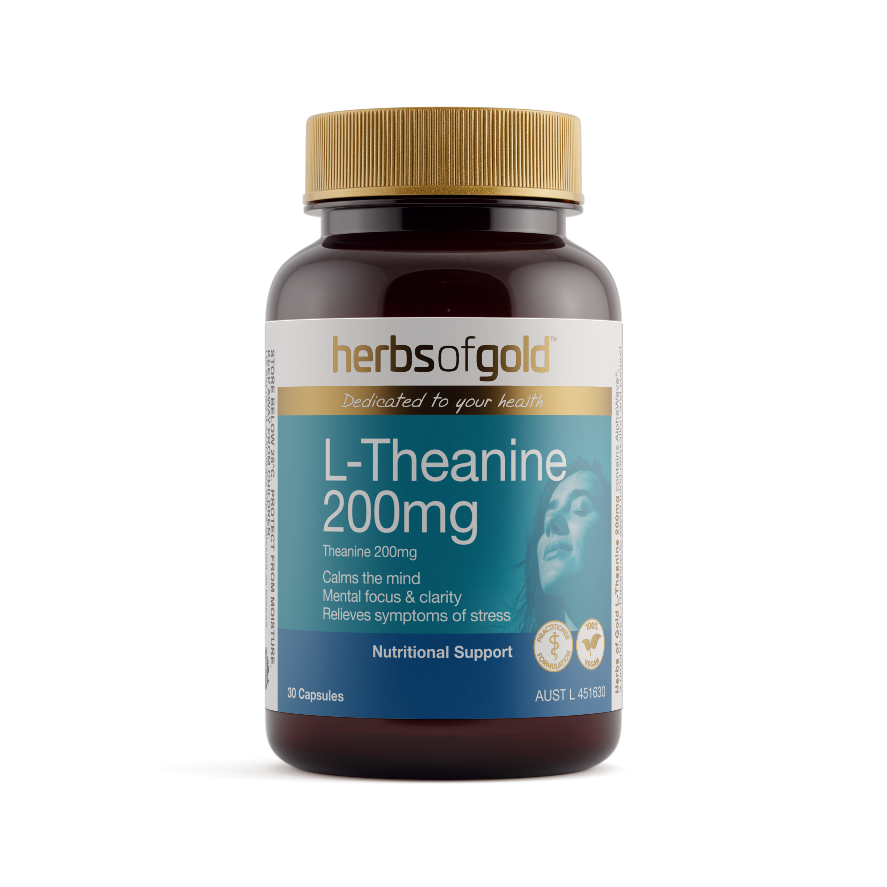 Front view of Herbs of Gold L-Theanine 200mg 30 capsules