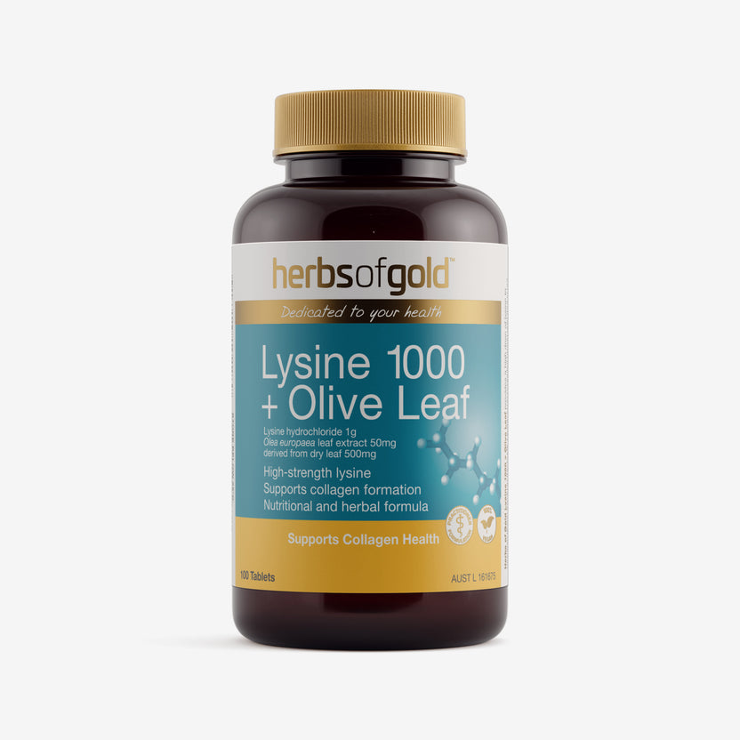 Front view of Herbs of Gold Lysine 1000 + Olive Leaf 100 tablets
