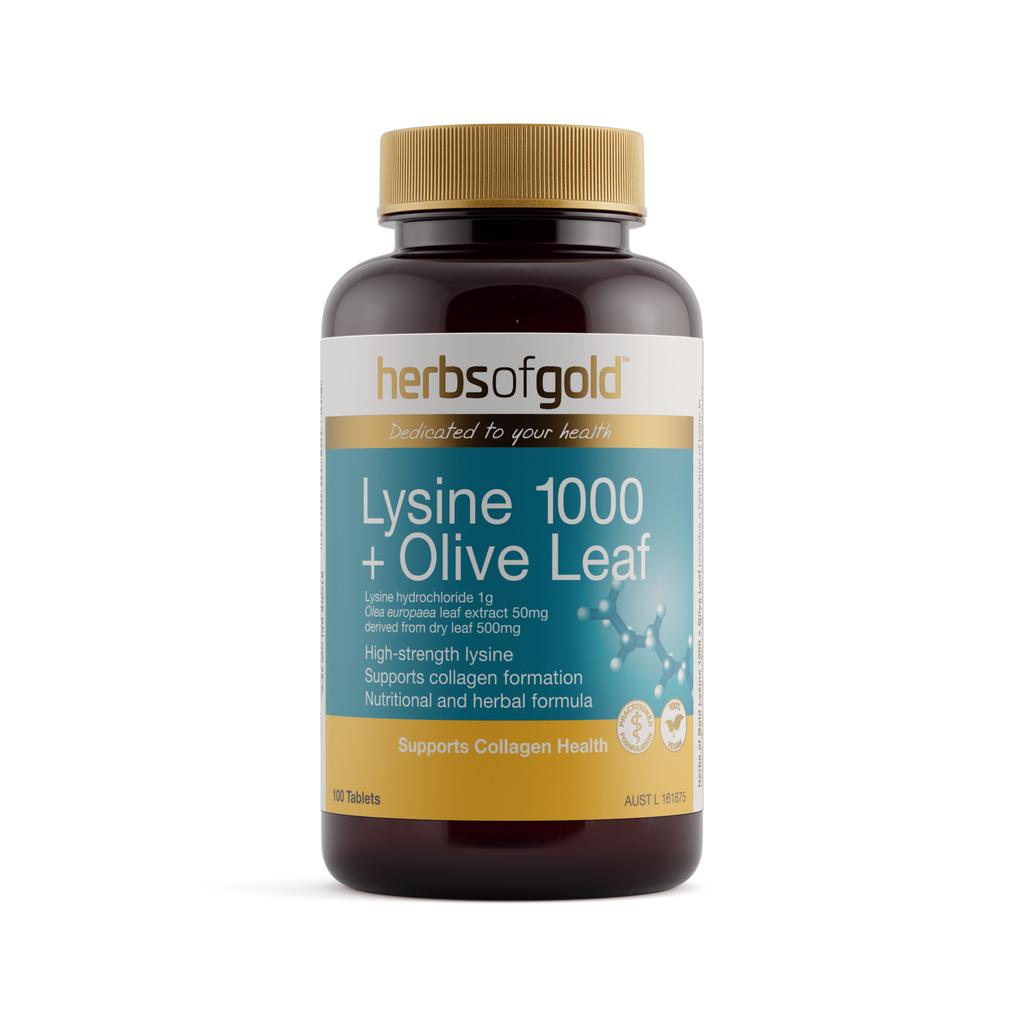 Front view of Herbs of Gold Lysine 1000 + Olive Leaf 100 tablets