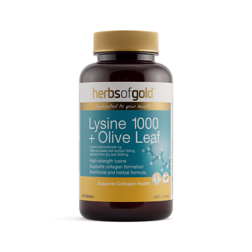 Front view of Herbs of Gold Lysine 1000 + Olive Leaf 100 tablets