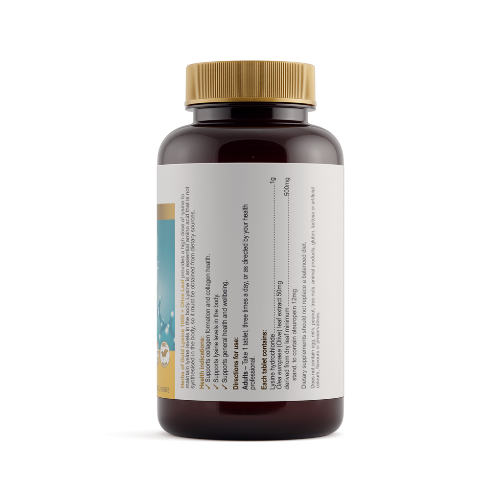 Ingredients panel for Herbs of Gold Lysine 1000 + Olive Leaf 100 tablets