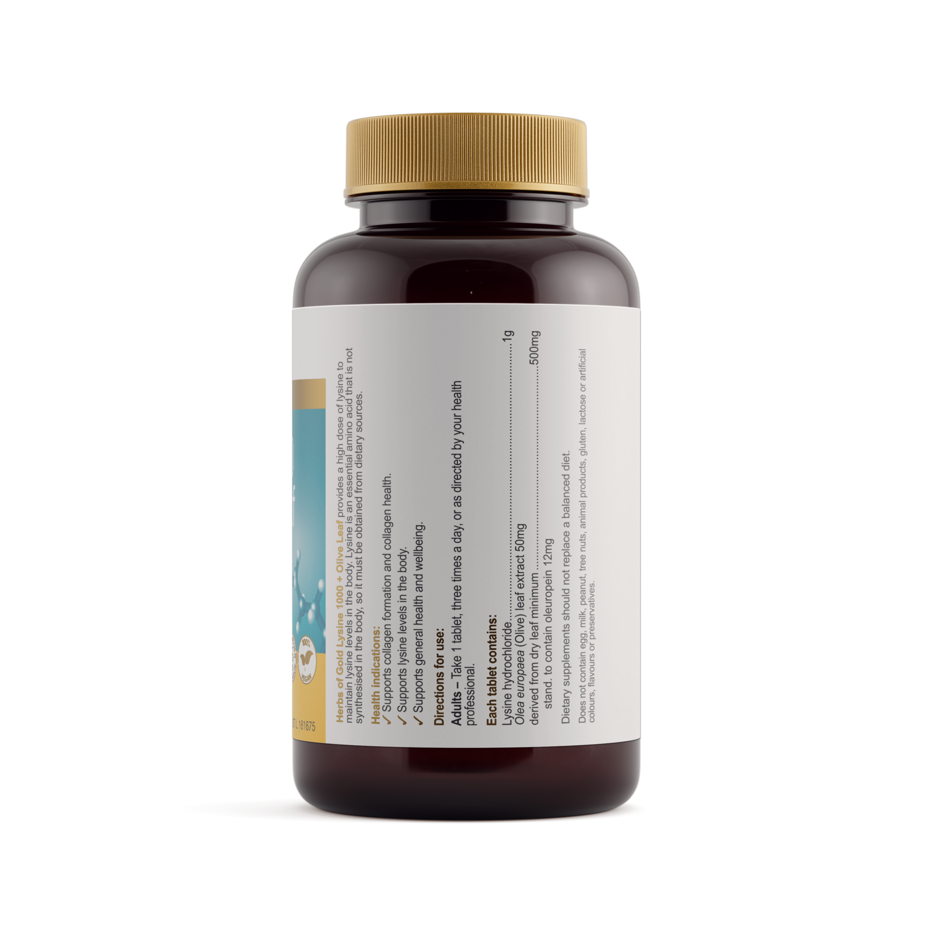 Ingredients panel for Herbs of Gold Lysine 1000 + Olive Leaf 100 tablets