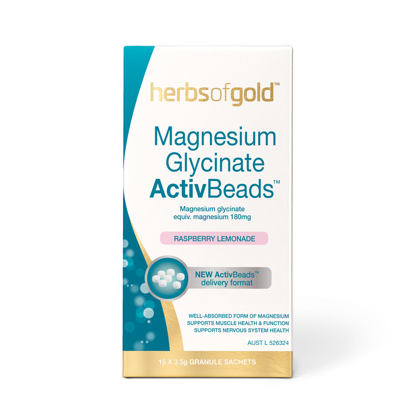 Front view of Herbs of Gold Magnesium Glycinate ActivBeads 15 sachets