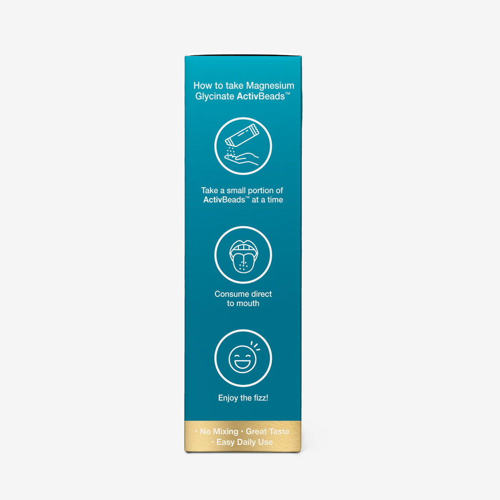 Side panel with directions for Herbs of Gold Magnesium Glycinate ActivBeads 15 sachets