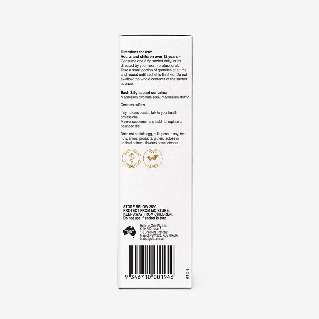 Side panel with warnings for Herbs of Gold Magnesium Glycinate ActivBeads 15 sachets