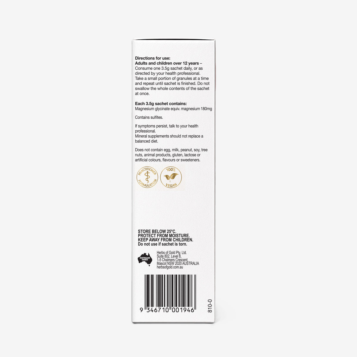 Side panel with warnings for Herbs of Gold Magnesium Glycinate ActivBeads 15 sachets