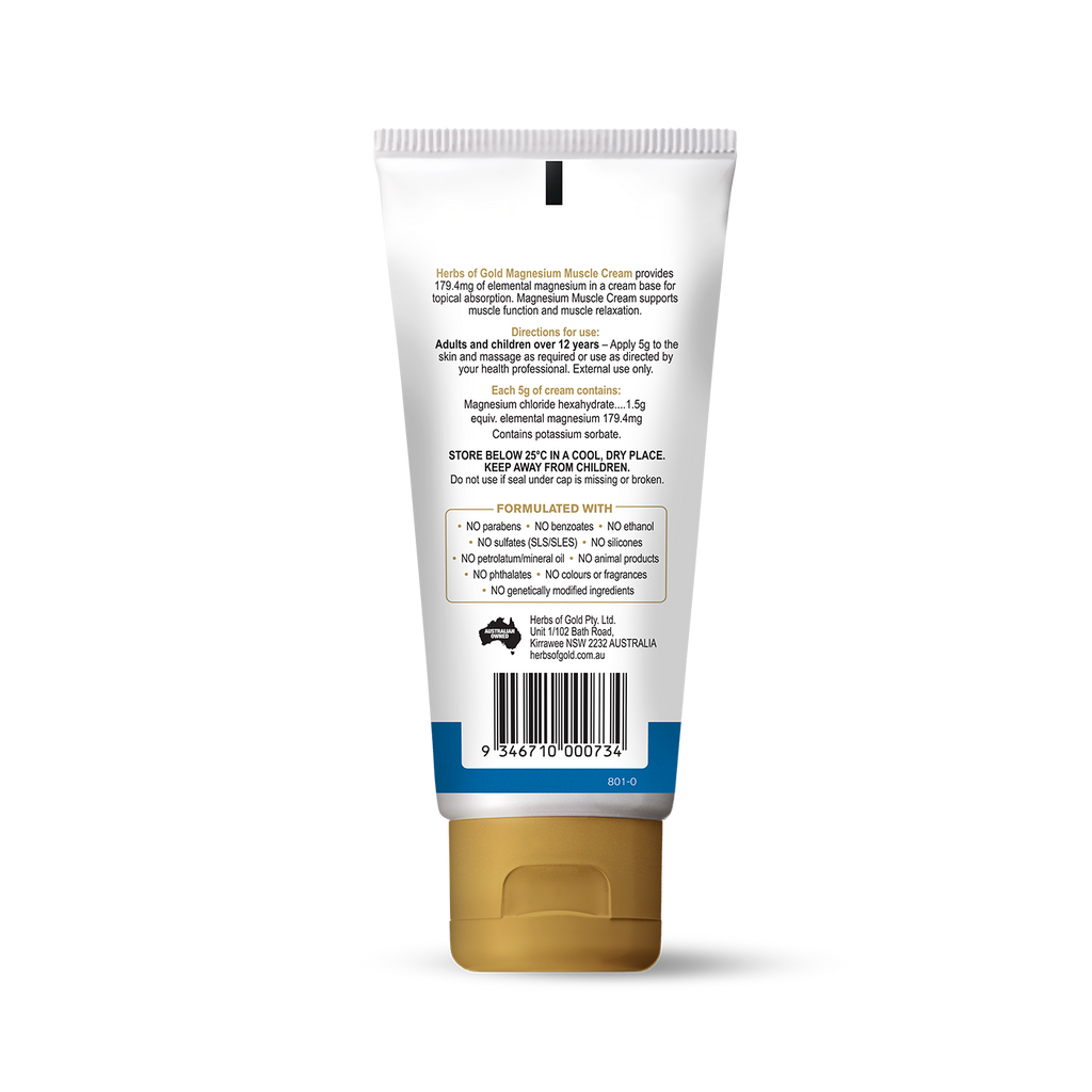 Ingredients panel for Herbs of Gold Magnesium Muscle Cream 100g