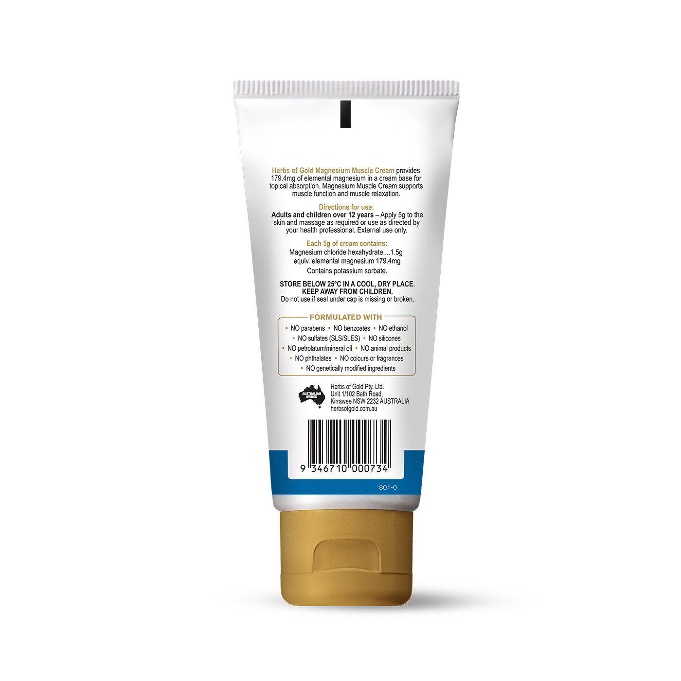 Ingredients panel for Herbs of Gold Magnesium Muscle Cream 100g