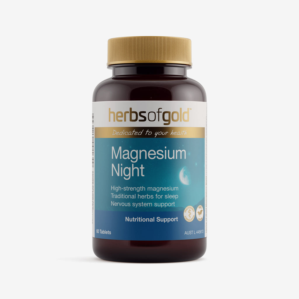 Front view of Herbs of Gold Magnesium Night 60 tablets