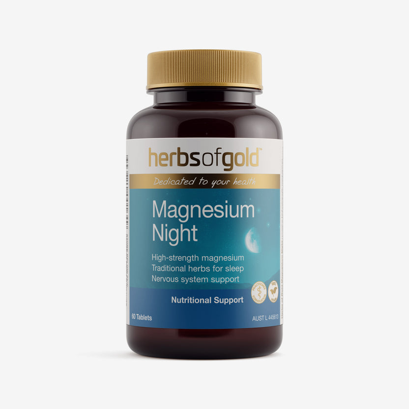 Front view of Herbs of Gold Magnesium Night 60 tablets