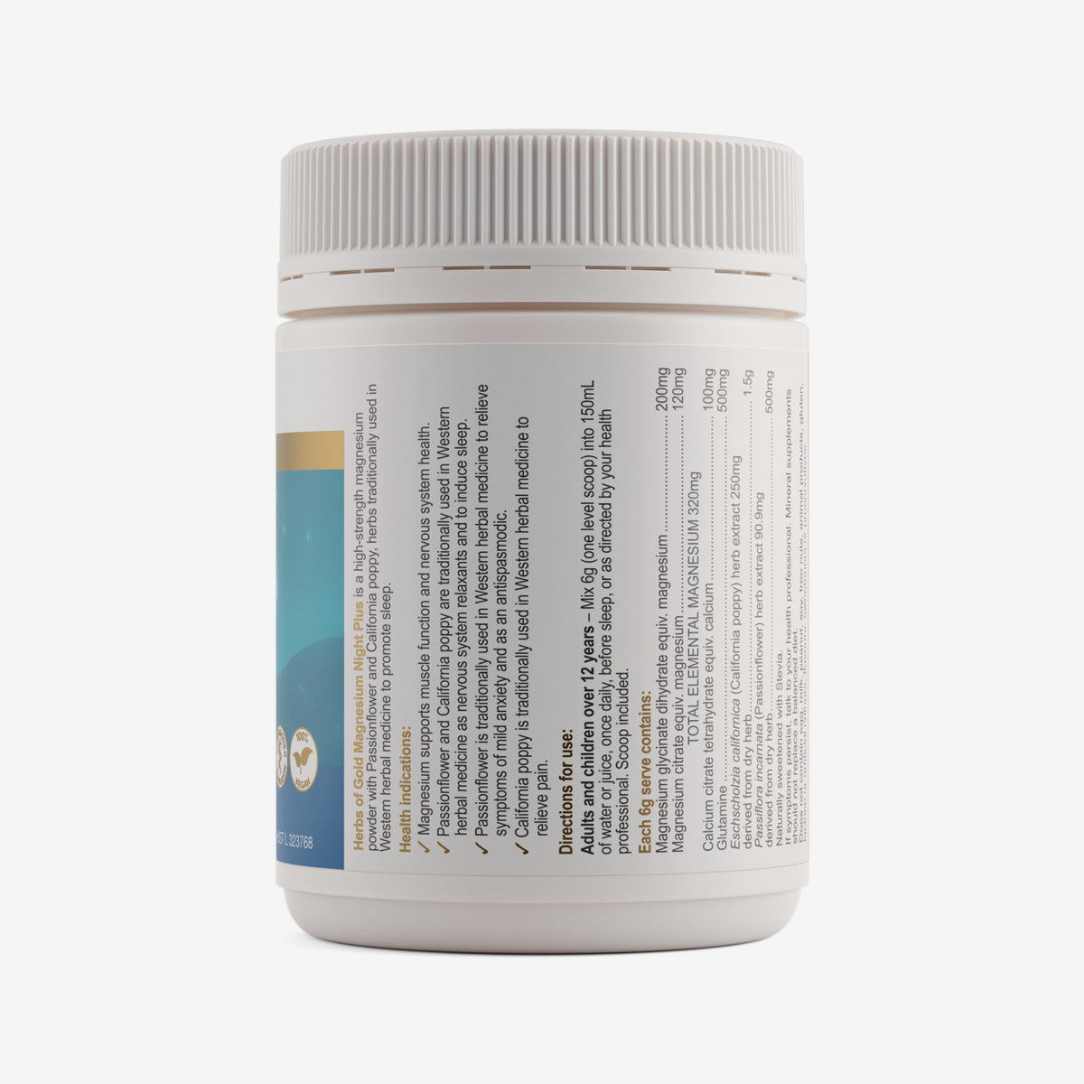 Ingredients panel for Herbs of Gold Magnesium Night Plus 300g