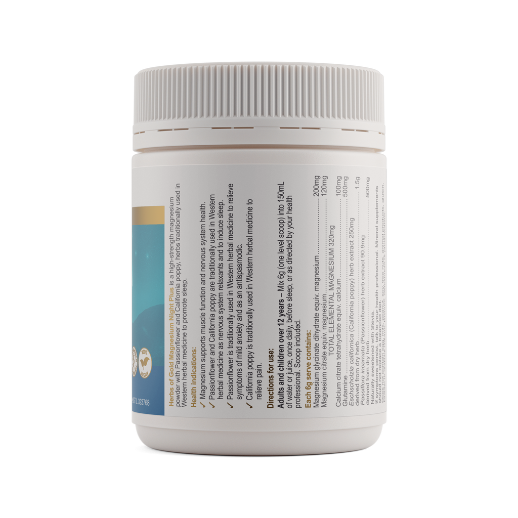 Ingredients panel for Herbs of Gold Magnesium Night Plus 300g