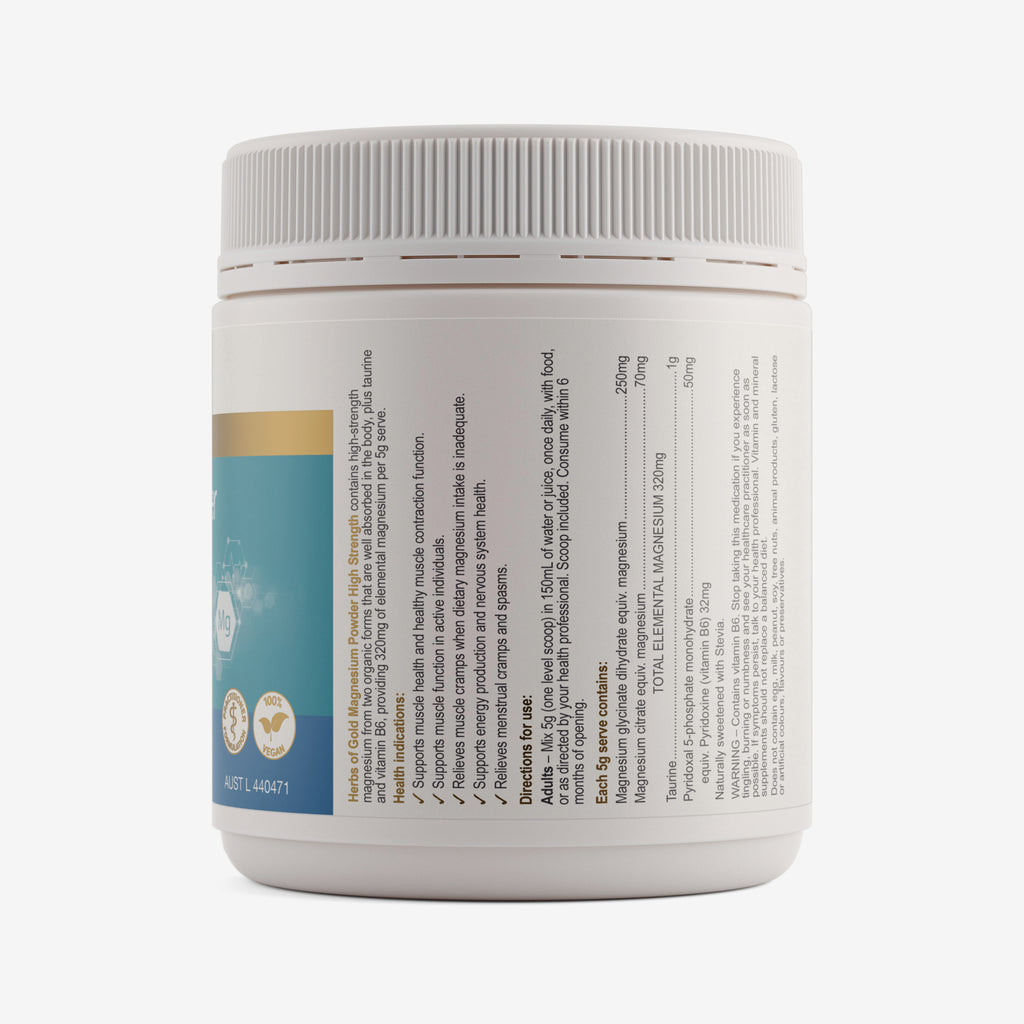 Ingredients panel for Herbs of Gold Magnesium Powder High Strength 300g