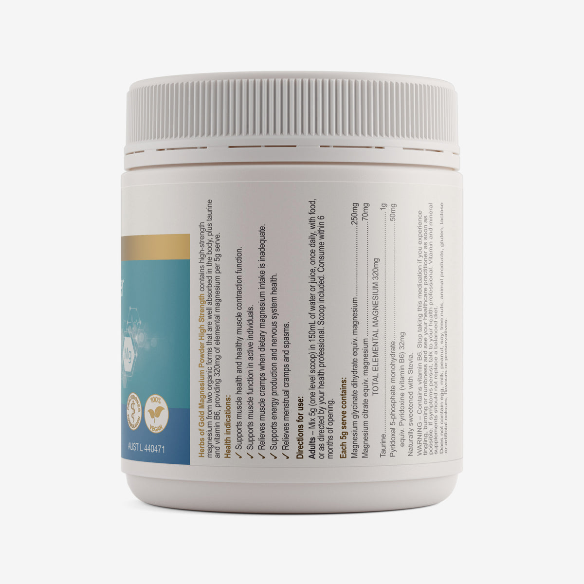 Ingredients panel for Herbs of Gold Magnesium Powder High Strength 300g