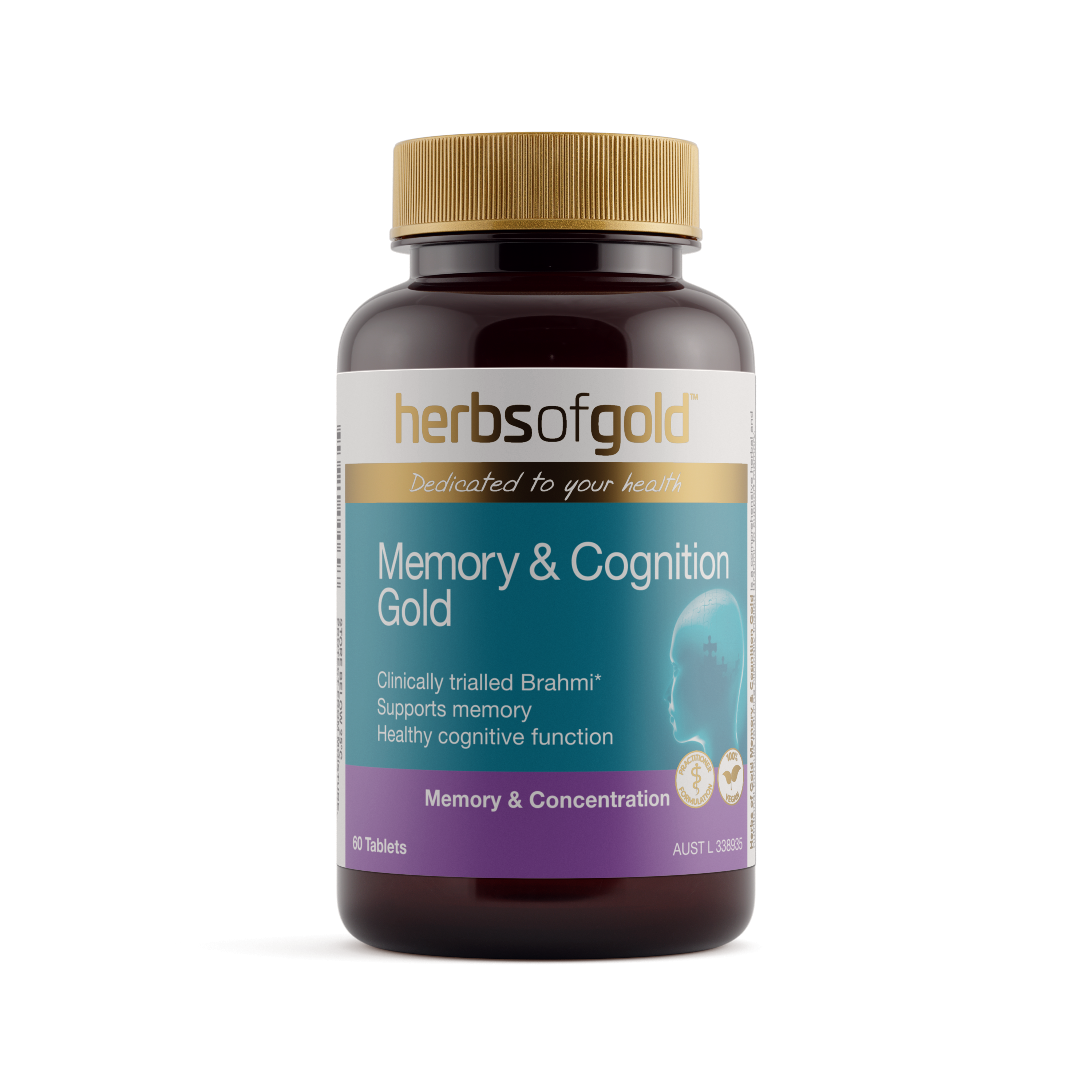 Front view of Herbs of Gold Memory & Cognition Gold 60 tablets