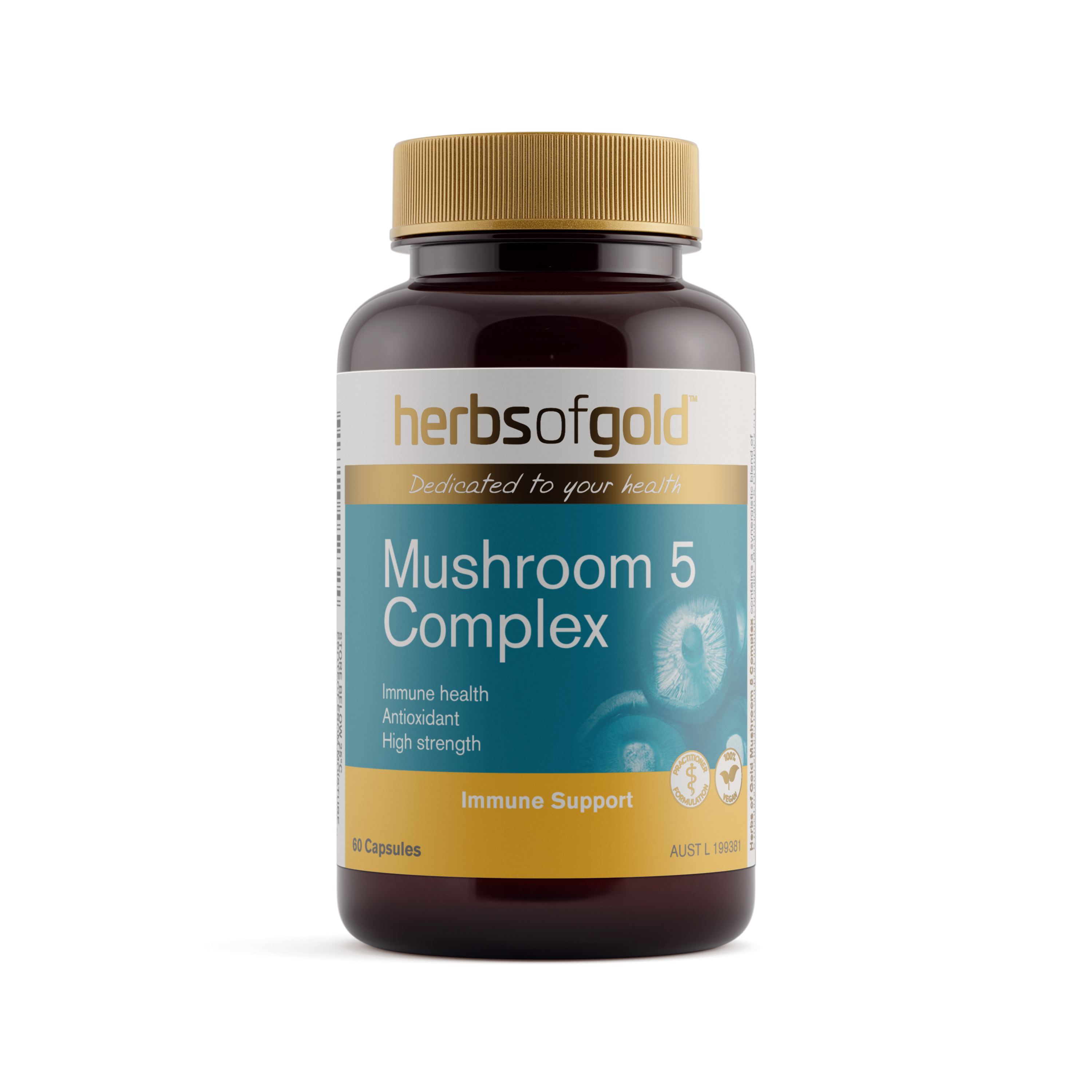 Front view of Herbs of Gold Mushroom 5 Complex 60 capsules