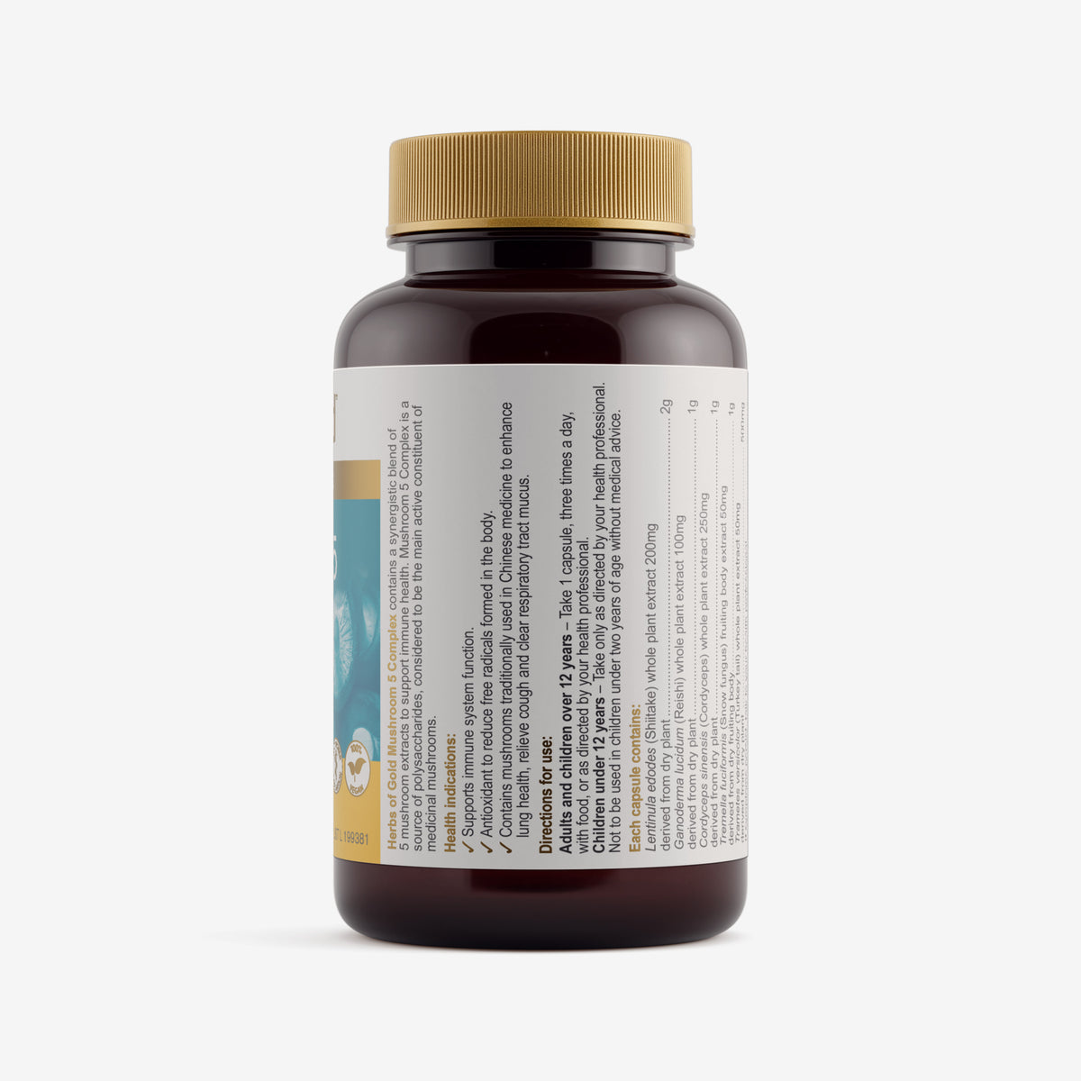 Ingredients panel for Herbs of Gold Mushroom 5 Complex 60 capsules