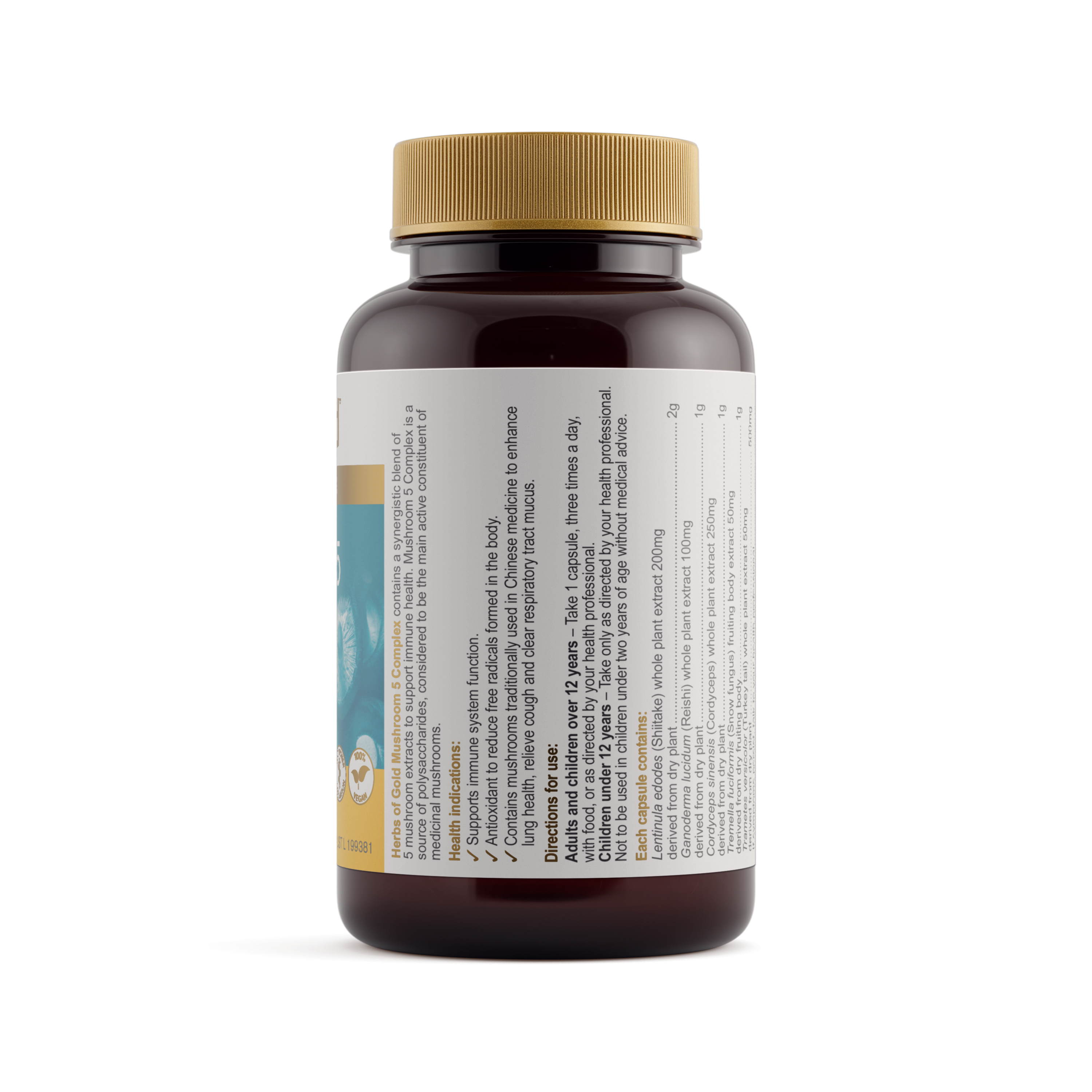 Ingredients panel for Herbs of Gold Mushroom 5 Complex 60 capsules