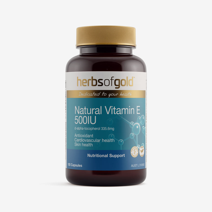 Front view of Herbs of Gold Natural Vitamin E 500iu 100 capsules