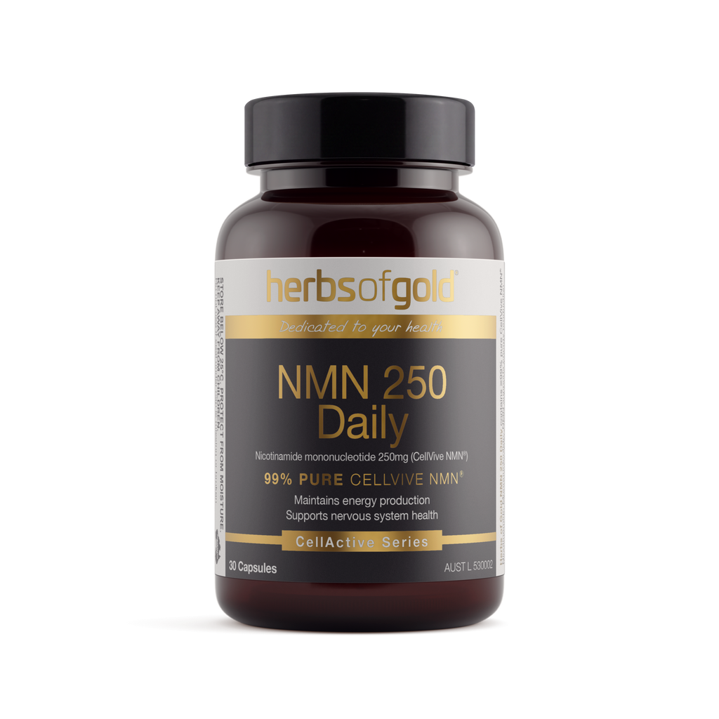 Front view of Herbs of Gold NMN 250 Daily 30 capsules