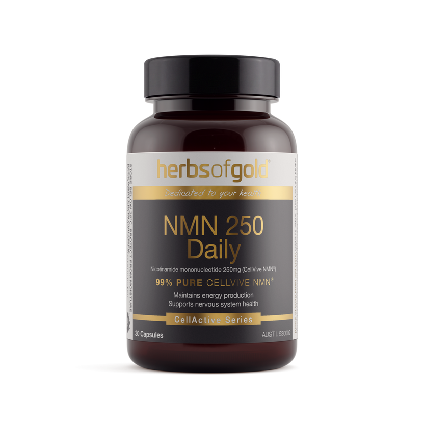 Front view of Herbs of Gold NMN 250 Daily 30 capsules