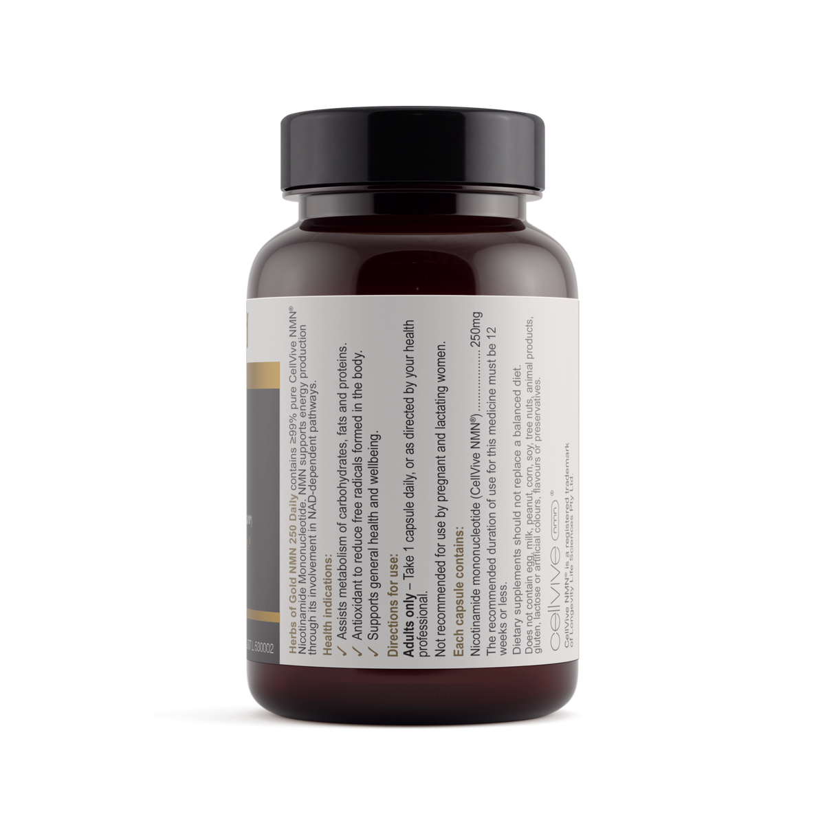 Ingredients panel for Herbs of Gold NMN 250 Daily 30 capsules