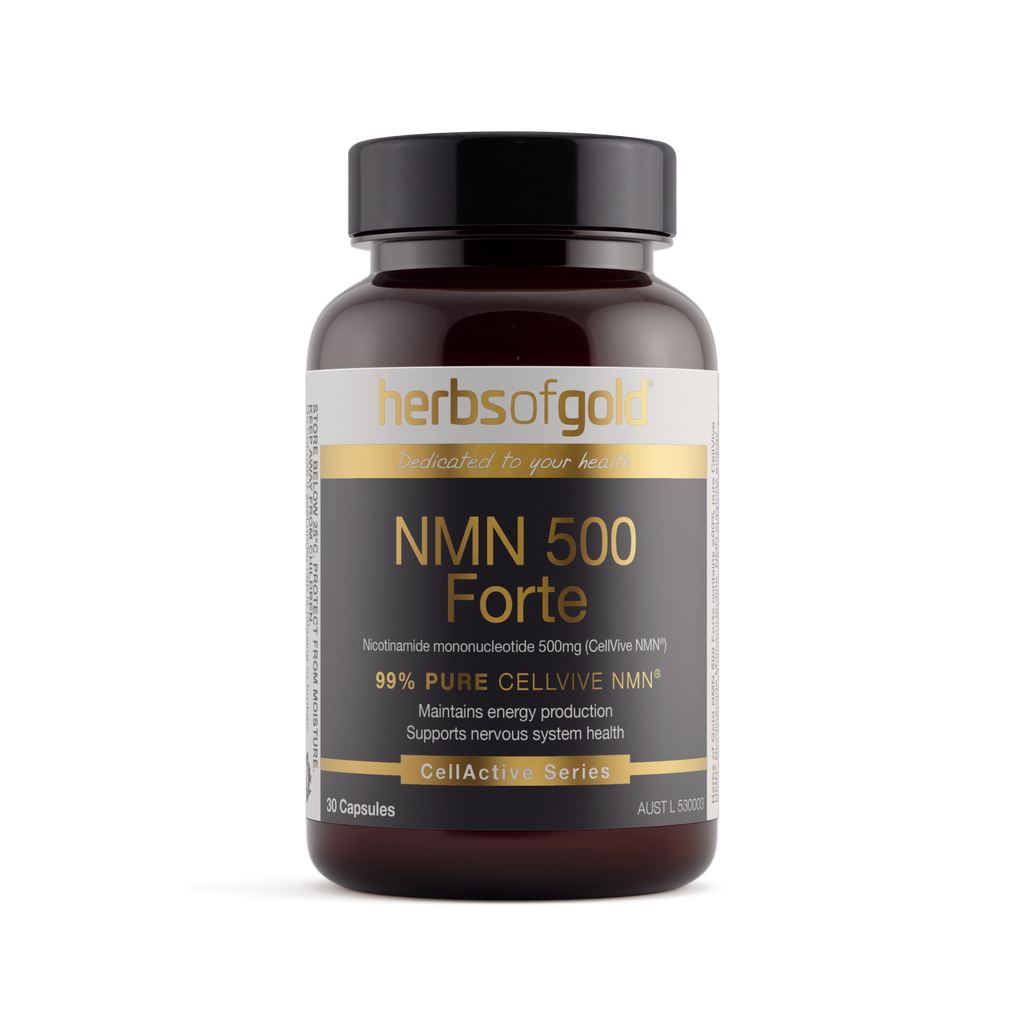 Front view of Herbs of Gold NMN 500 Forte 30 capsules