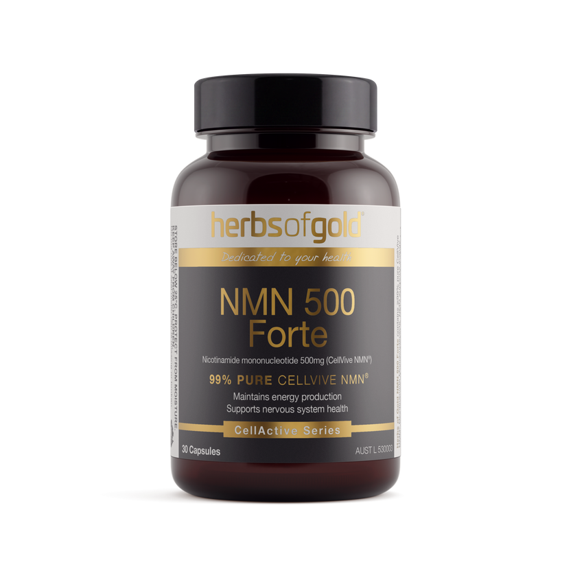 Front view of Herbs of Gold NMN 500 Forte 30 capsules