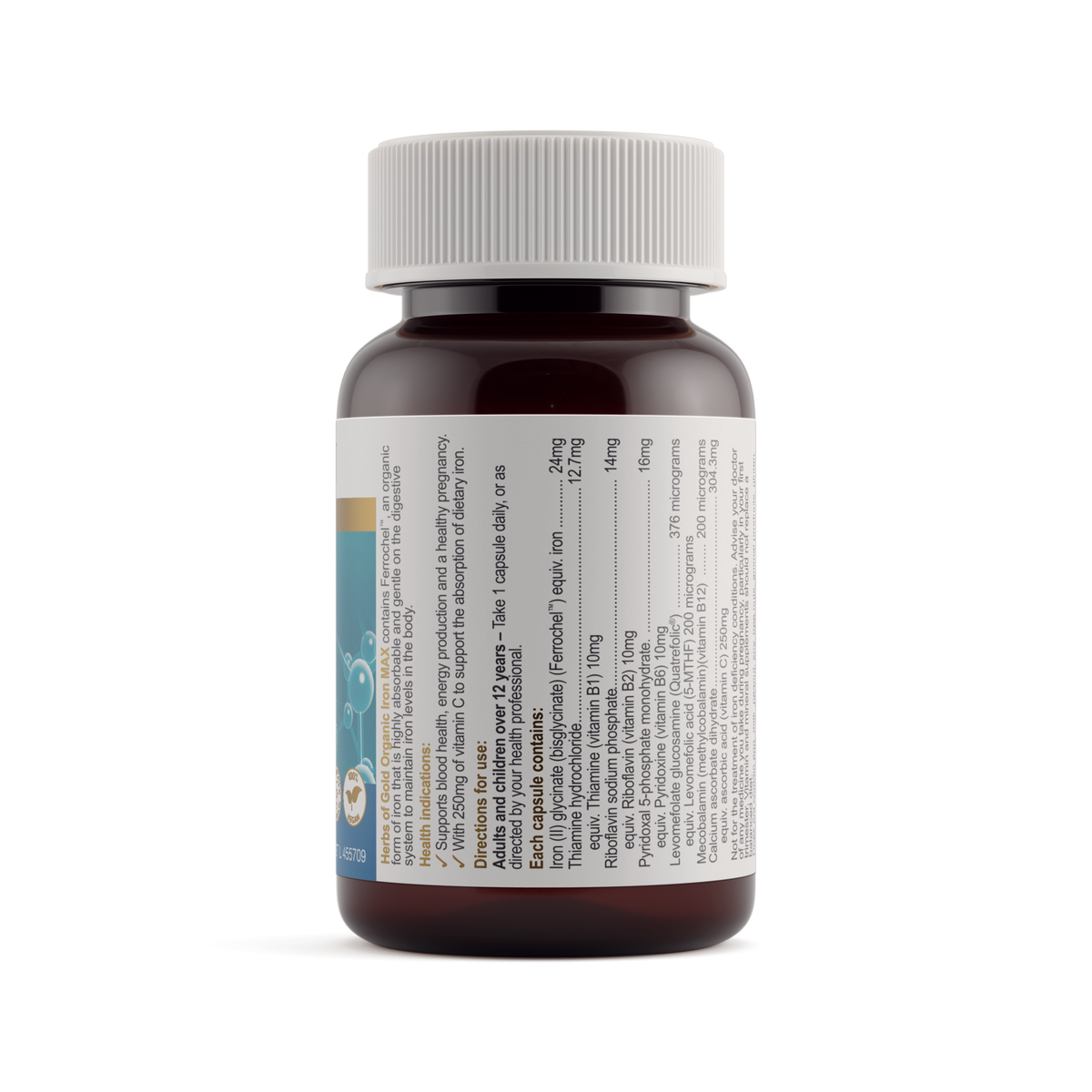 Ingredients panel for Herbs of Gold Organic Iron Max 30 capsules